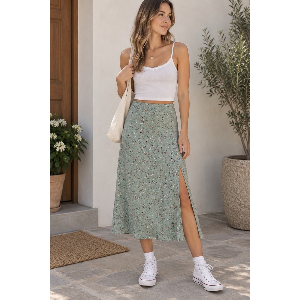 Brandy Melville Phoebe Midi Skirt Ditsy Floral Thigh Slit Teal Mint Green XS